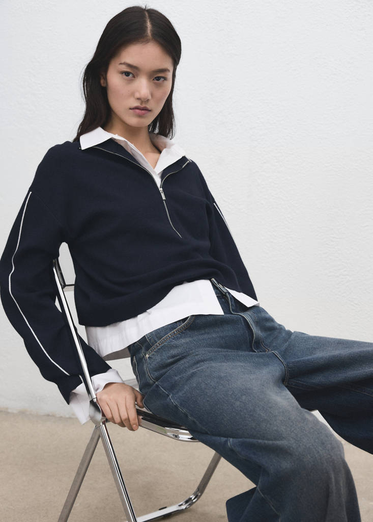 Zip neck contrast-stripe sweater — Navy