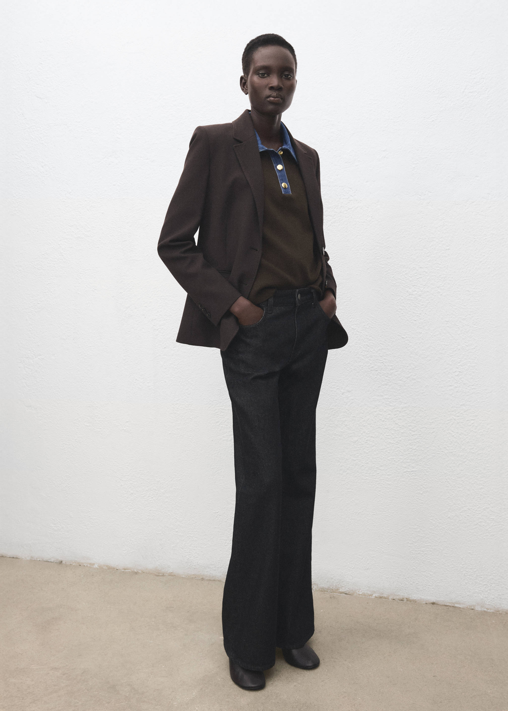 拼接衬衫领毛衣 - null