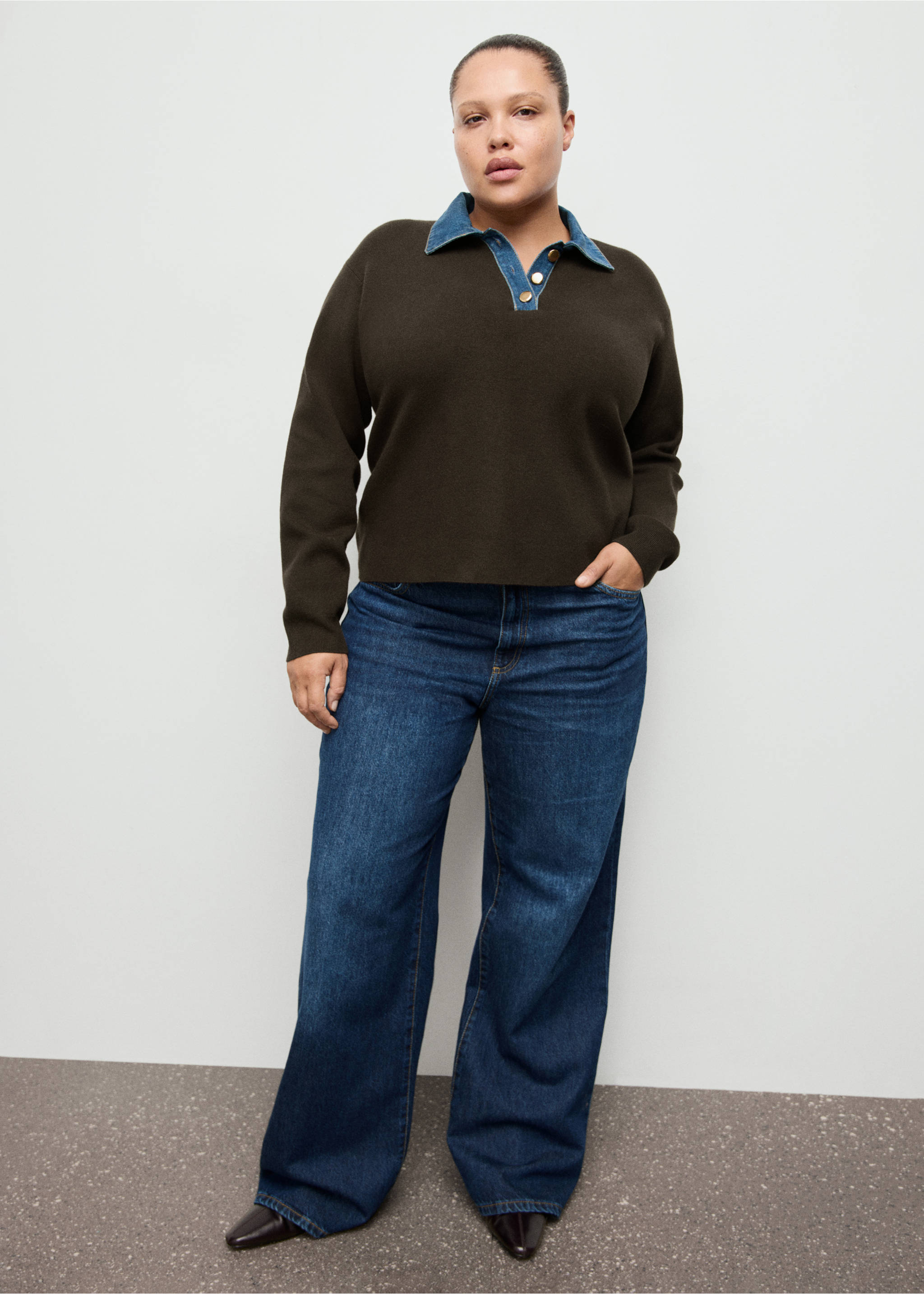 拼接衬衫领毛衣 - null, 巧克力色. Ref: 27051264-00.