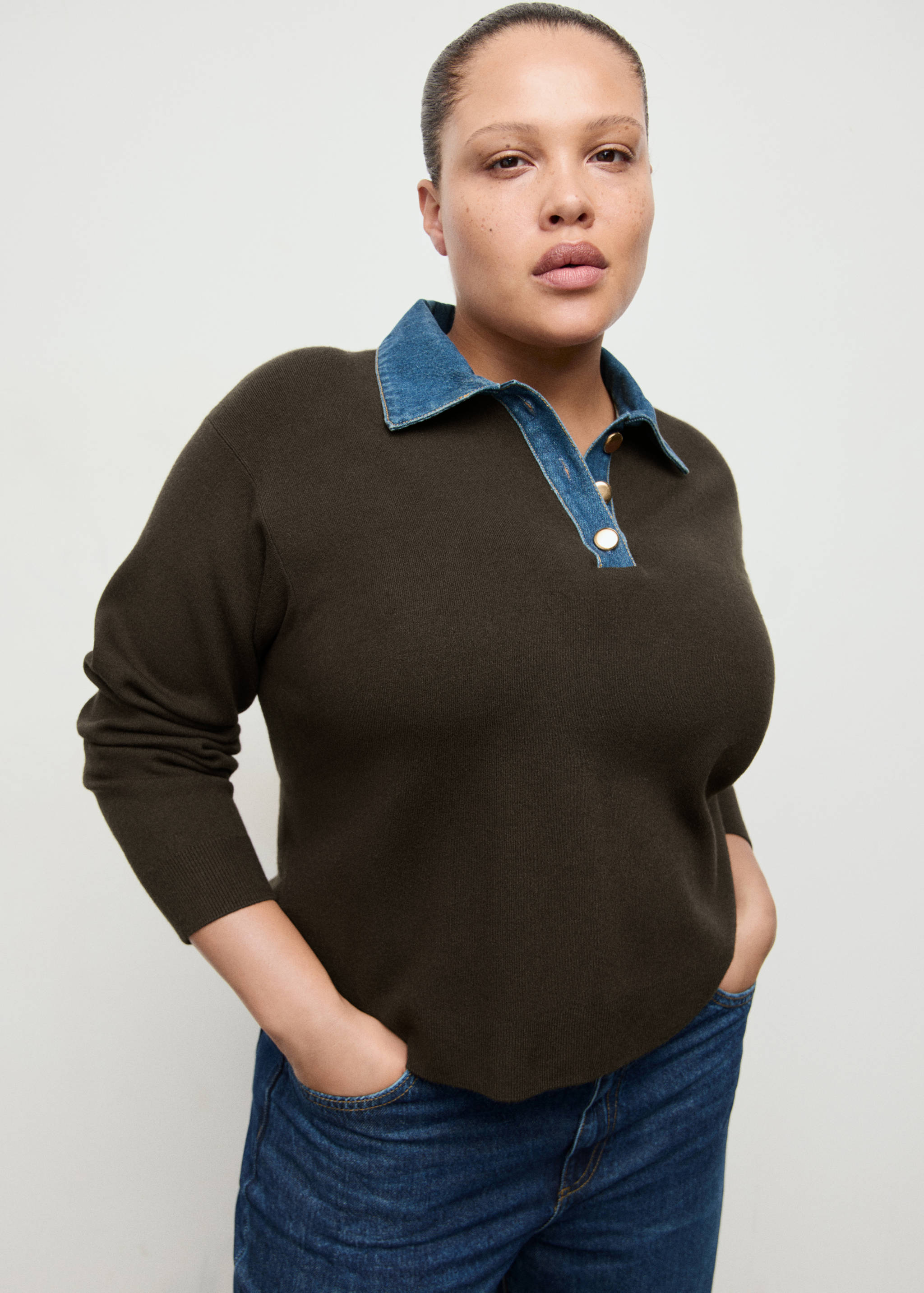 拼接衬衫领毛衣 - null