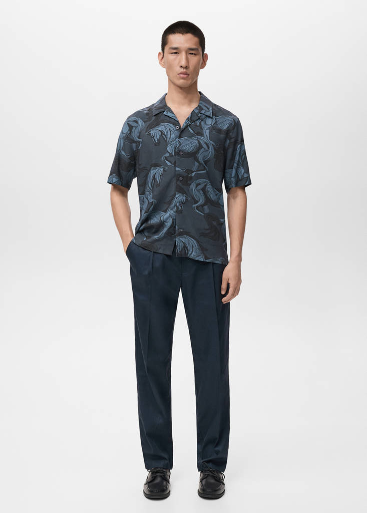Printed flowing shirt with bowling collar — Indigo Blue