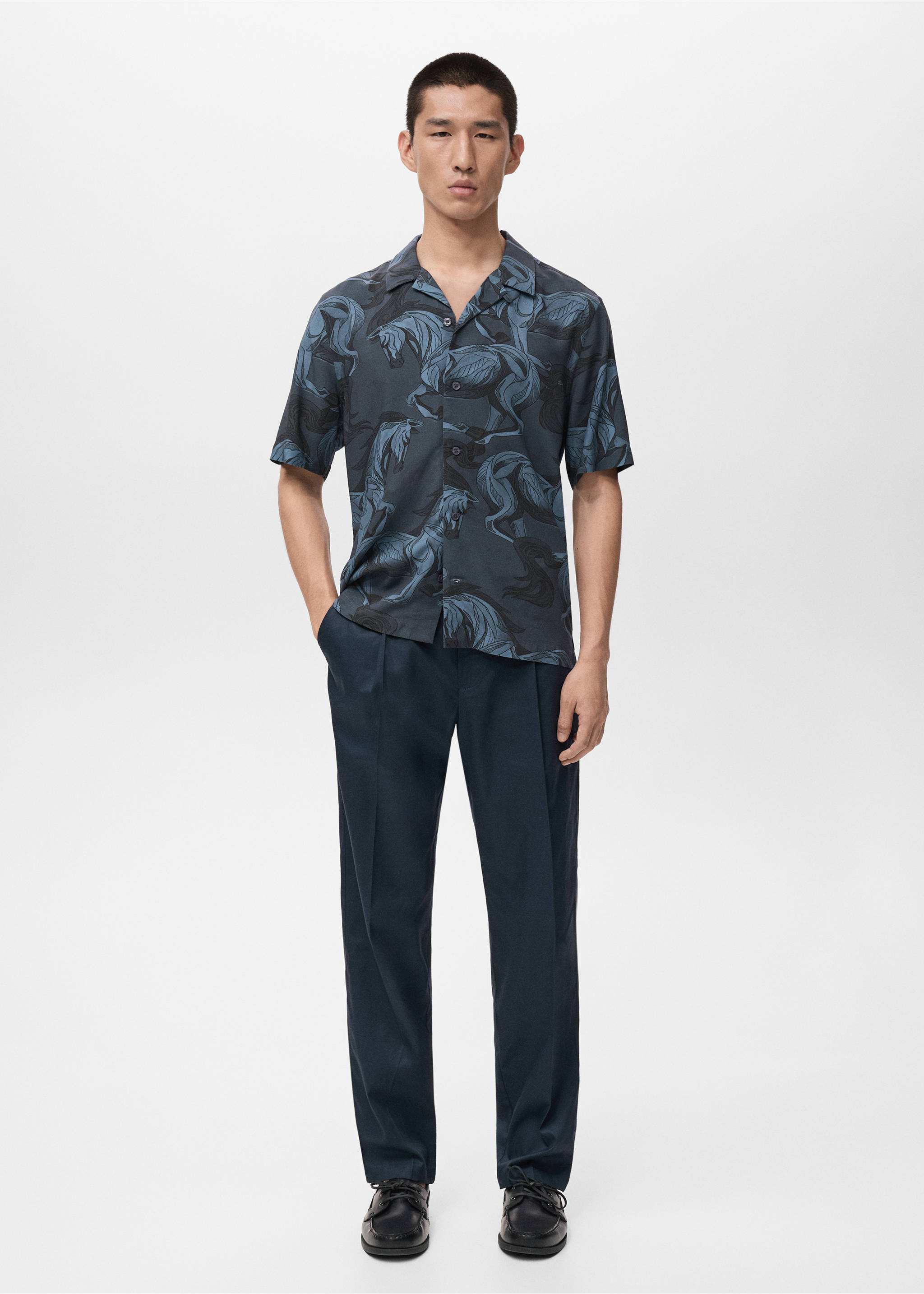 Printed flowing shirt with bowling collar - General plane, Indigo Blue. Ref: 27051278-00.