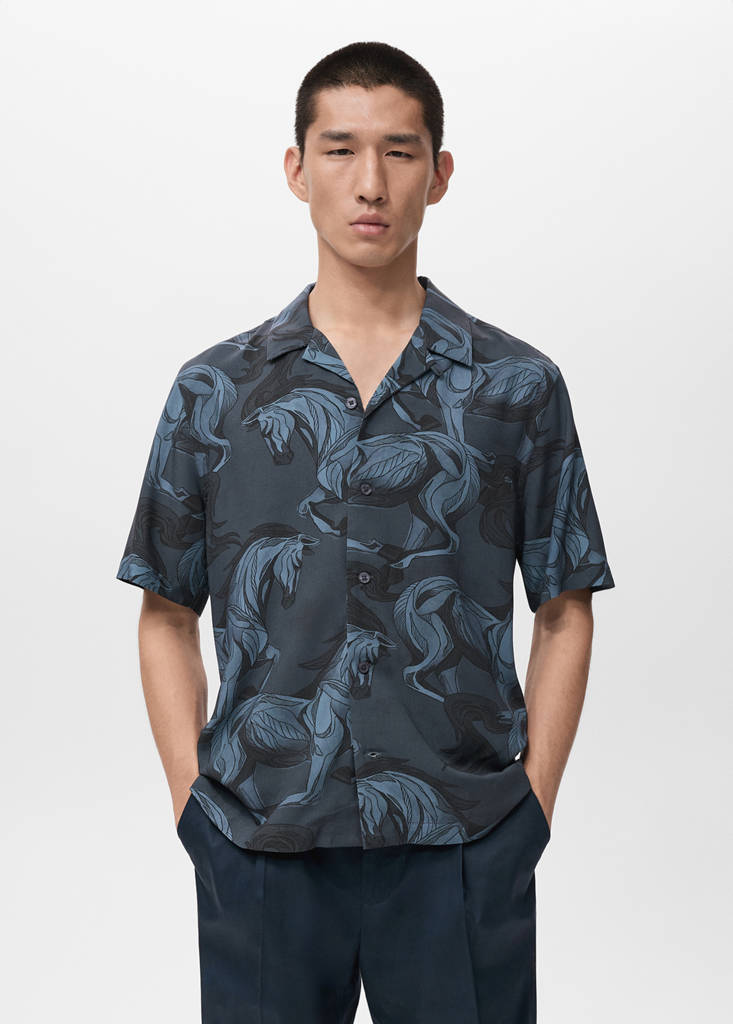 Printed flowing shirt with bowling collar — Indigo Blue