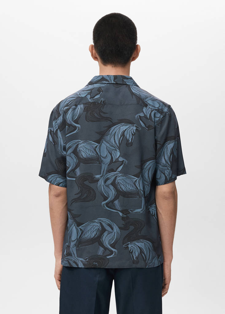 Printed flowing shirt with bowling collar — Indigo Blue