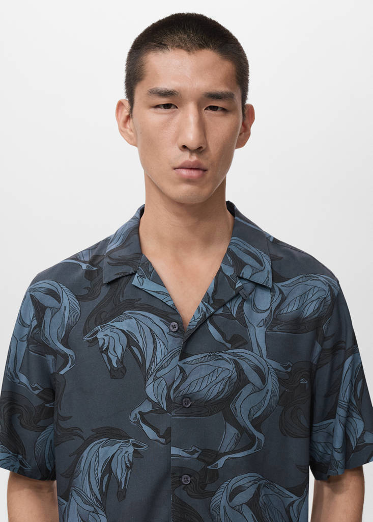 Printed flowing shirt with bowling collar — Indigo Blue