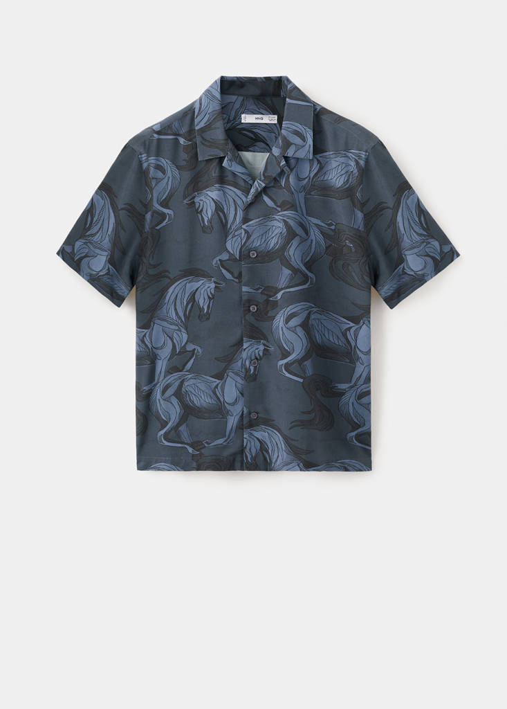 Printed flowing shirt with bowling collar — Indigo Blue