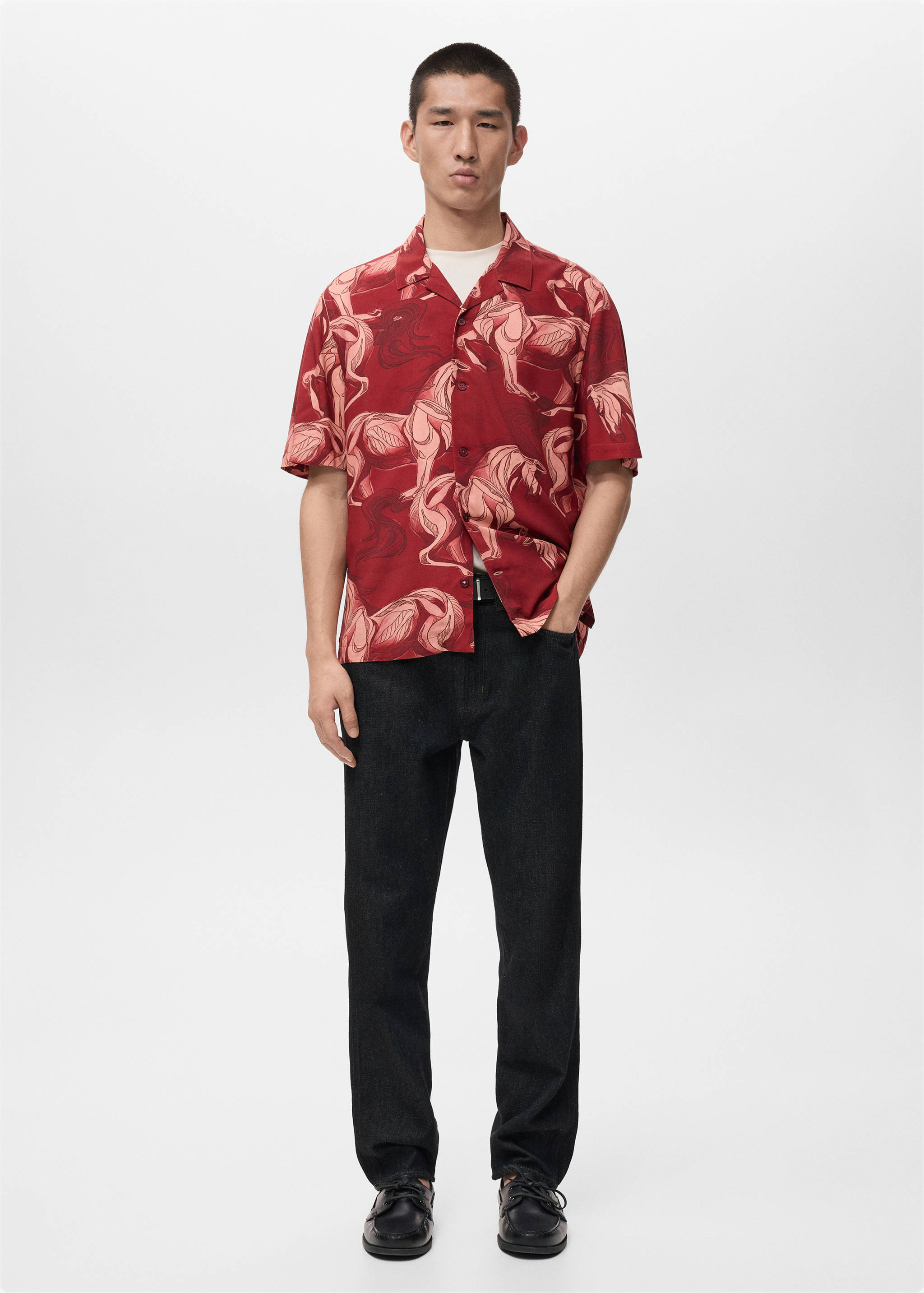 Printed flowing shirt with bowling collar - General plane