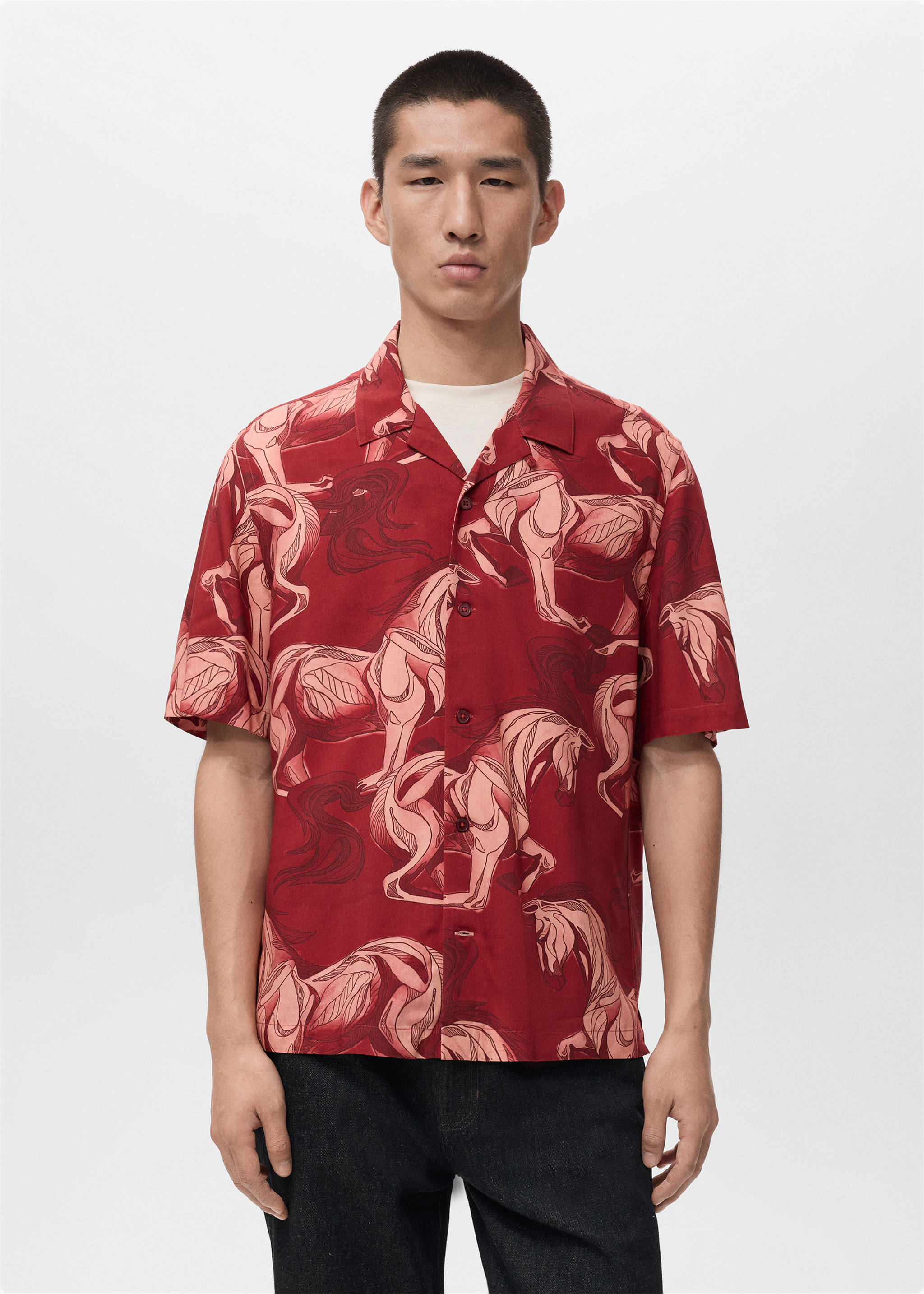 Printed flowing shirt with bowling collar - Medium plane, Red. Ref: 27051278-00.
