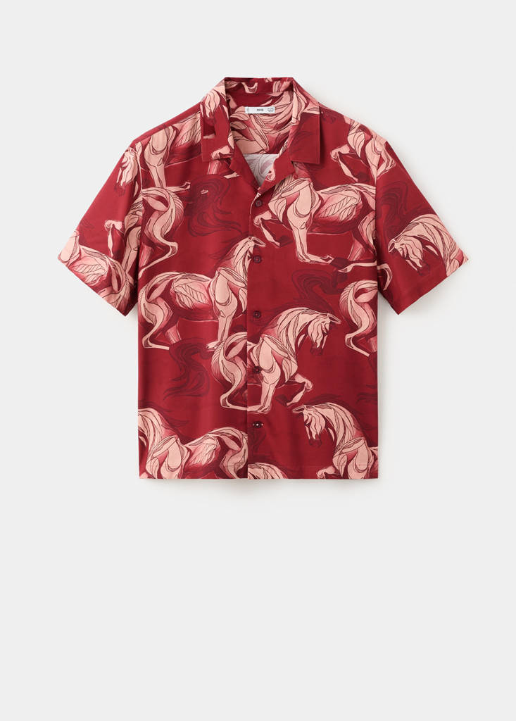 Printed flowing shirt with bowling collar — Red