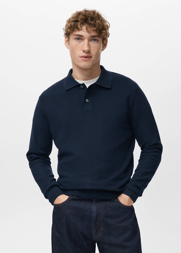 Micro-structured cotton polo shirt — Navy