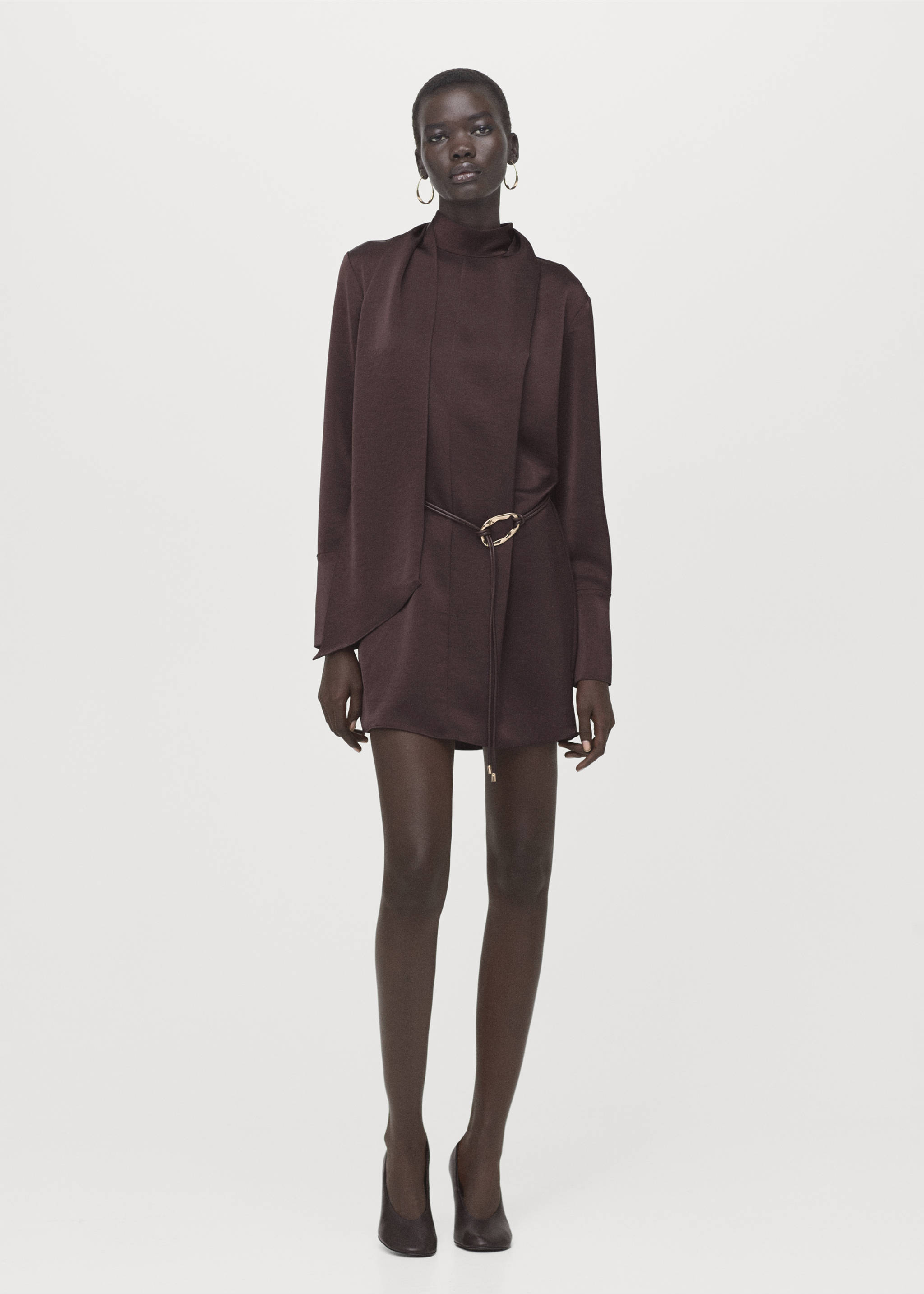 Satin dress with foulard - General plane, Brown. Ref: 27051284-00.