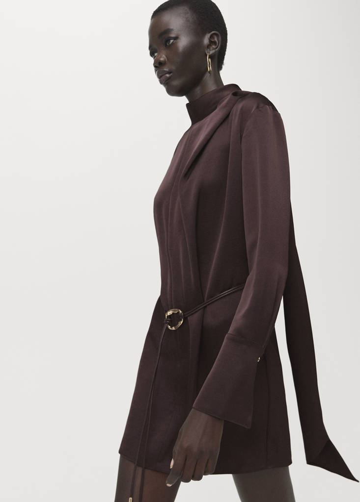 Satin dress with foulard — Brown