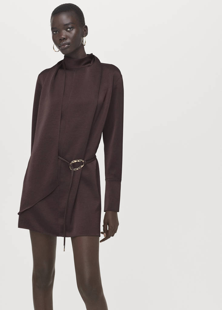 Satin dress with foulard — Brown