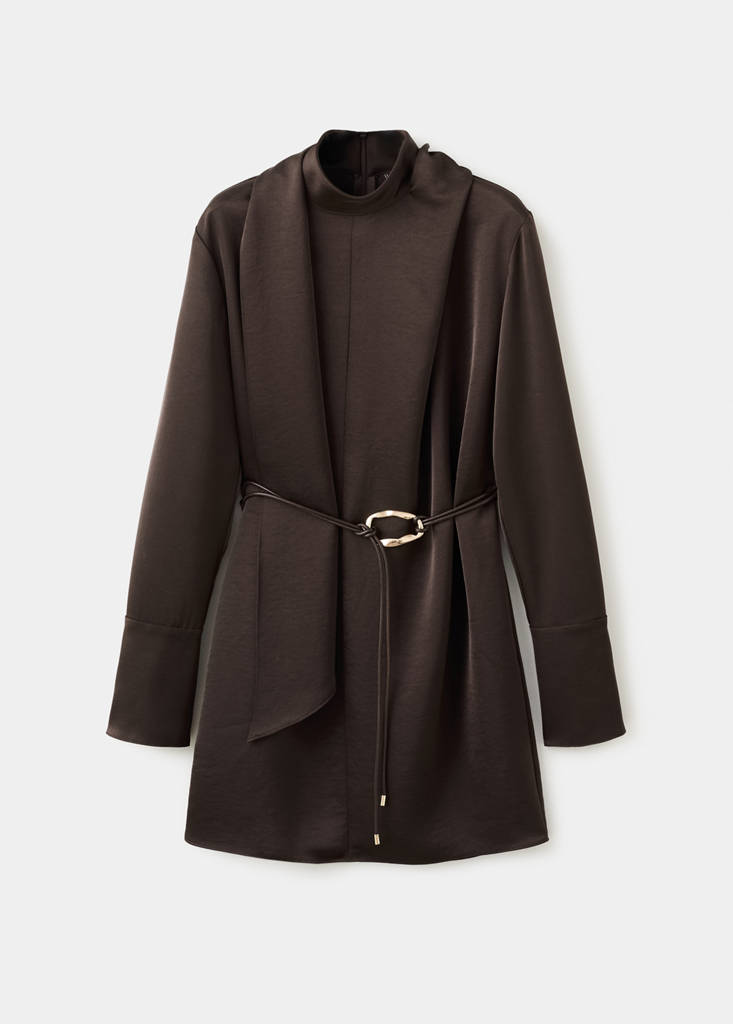 Satin dress with foulard — Brown