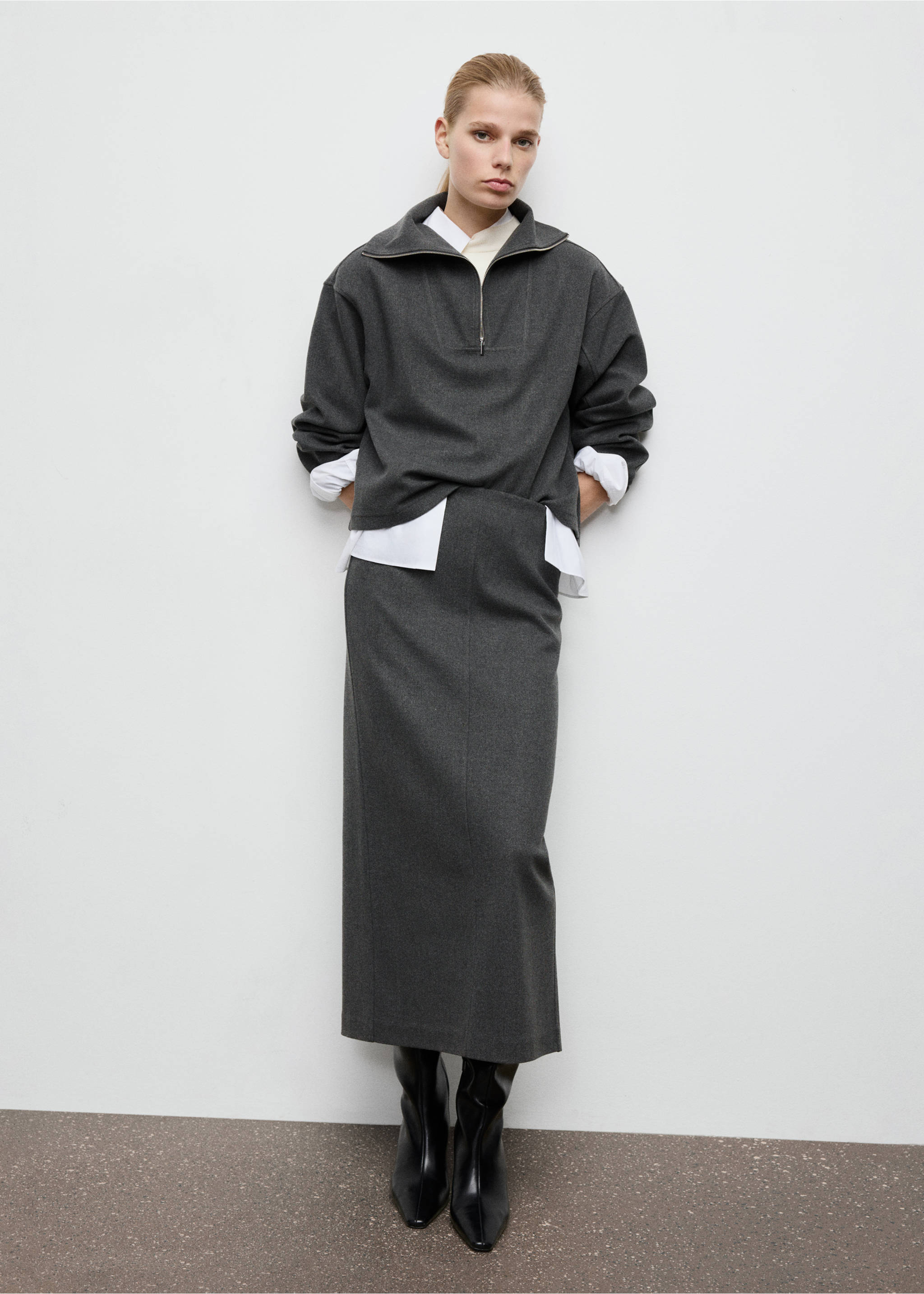 Sweat-shirt col montant zippé - Plan général, Gris chiné foncé. Ref: 27051287-00.