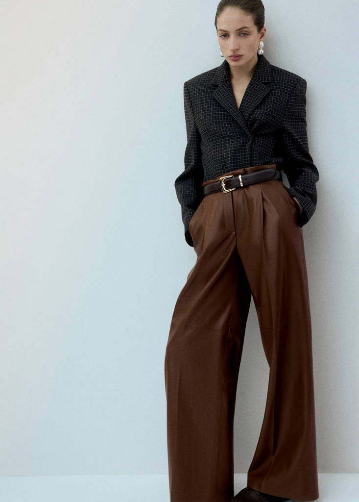 Wide leg faux-leather trousers — Medium Brown
