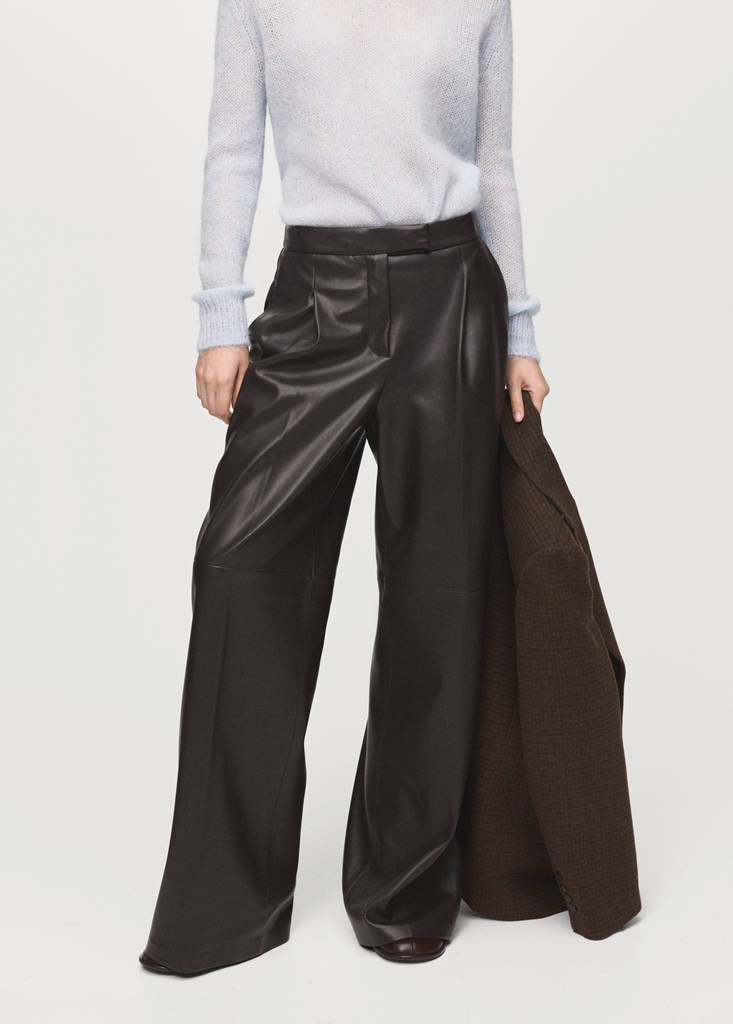 Wide leg faux-leather trousers — Chocolate