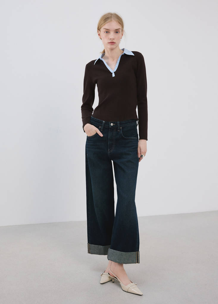 MANGO - Pull-over col chemise combiné chocolat - XS