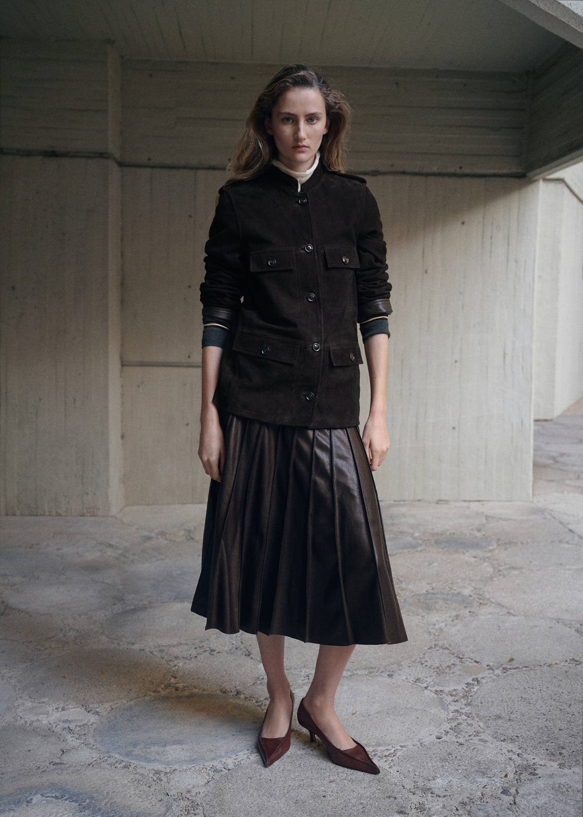 Suede jacket with strap collar — Brown
