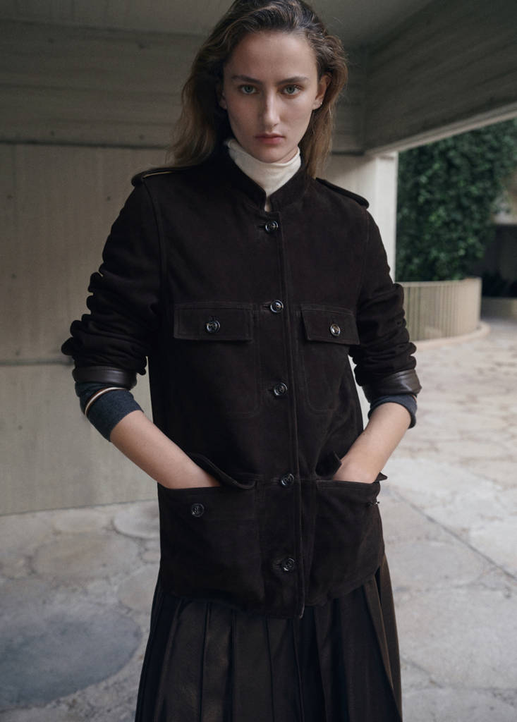 Suede jacket with strap collar — Brown