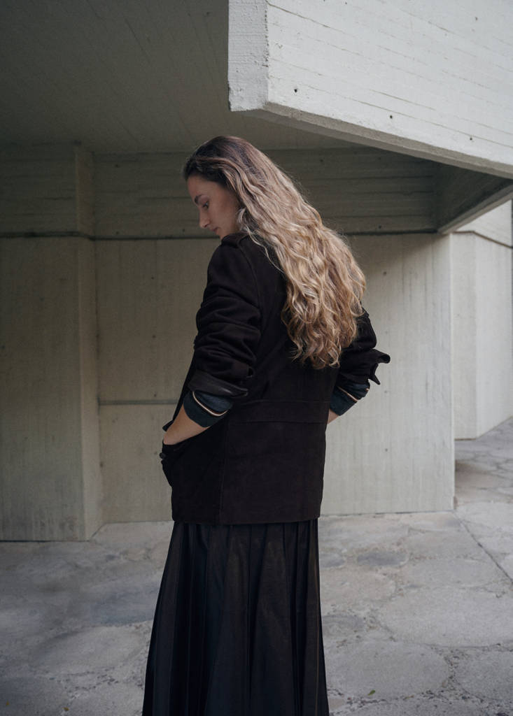 Suede jacket with strap collar — Brown