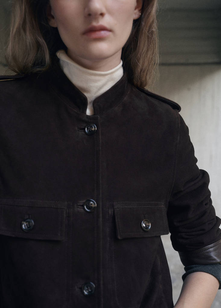 Suede jacket with strap collar — Brown