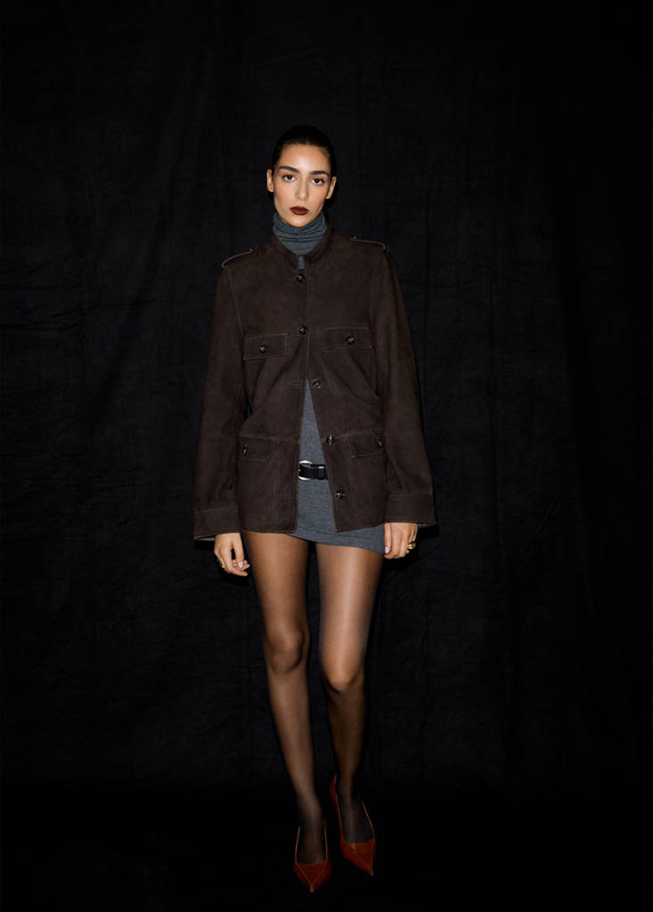 Suede jacket with strap collar — Brown