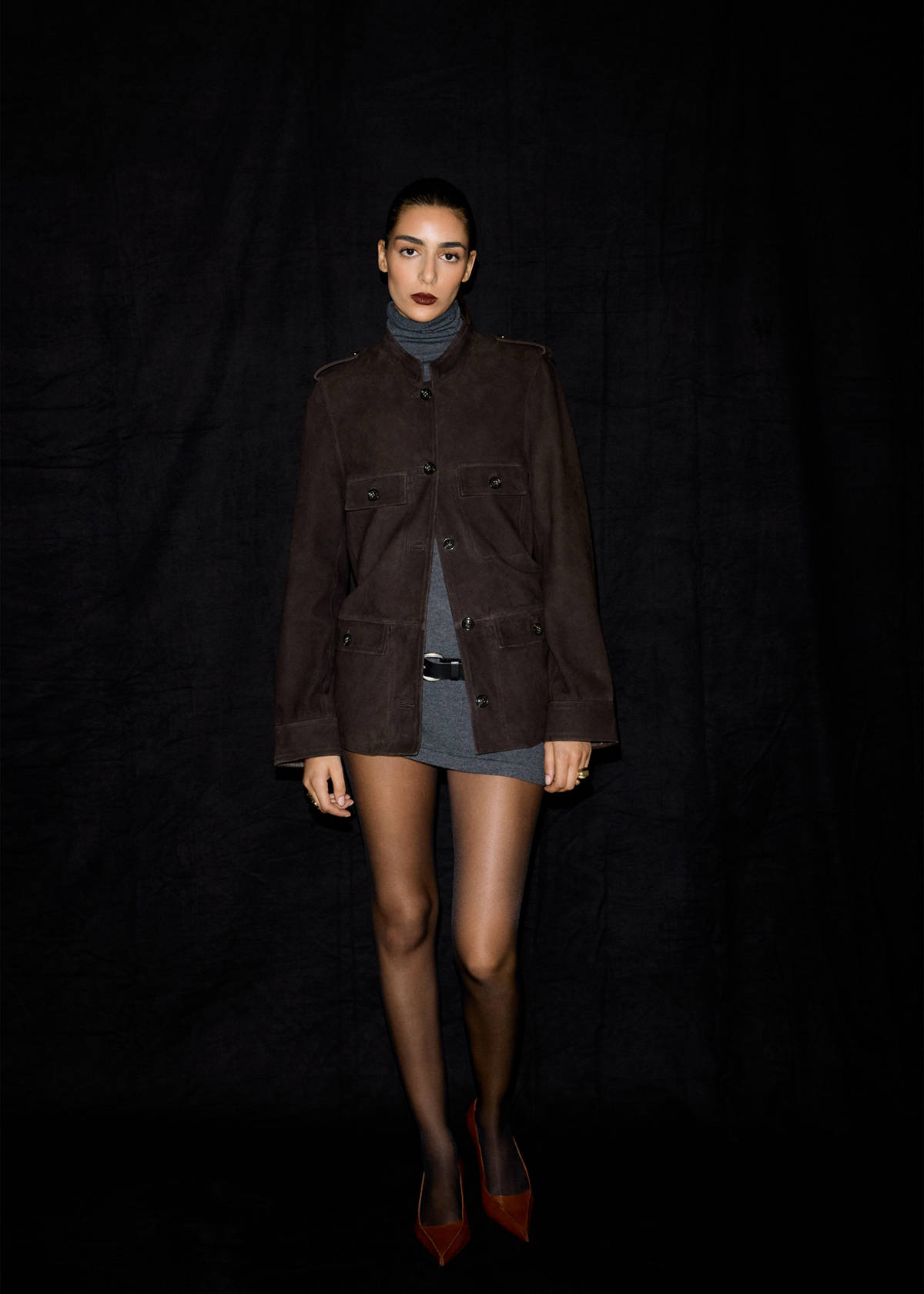 Suede jacket with strap collar — Brown