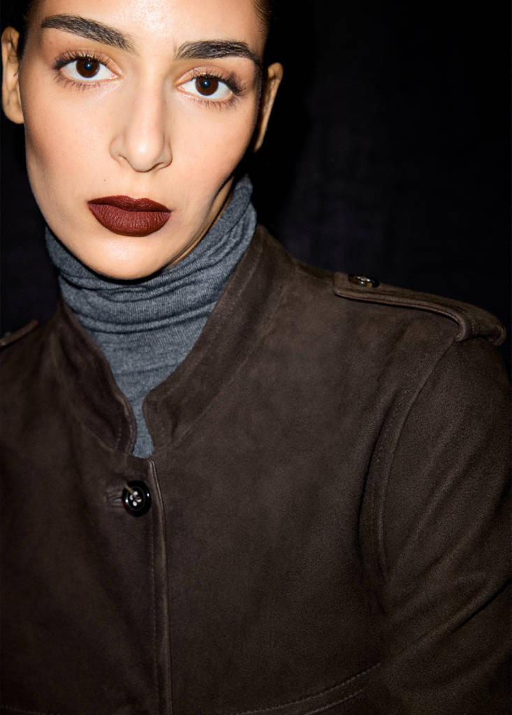 Suede jacket with strap collar — Brown