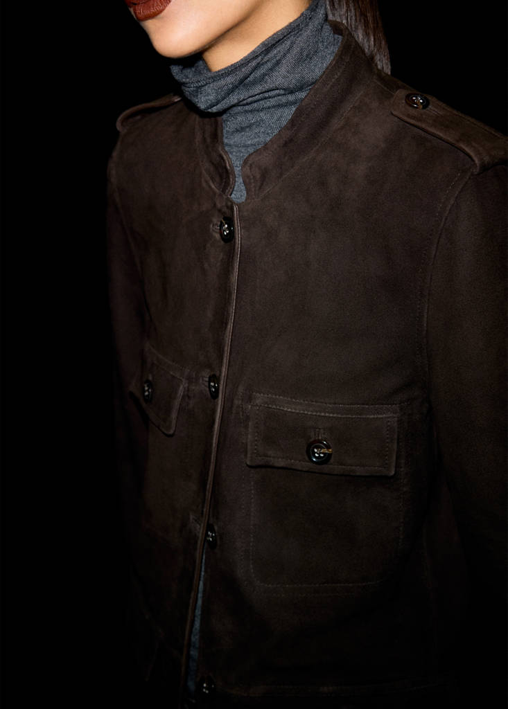 Suede jacket with strap collar — Brown