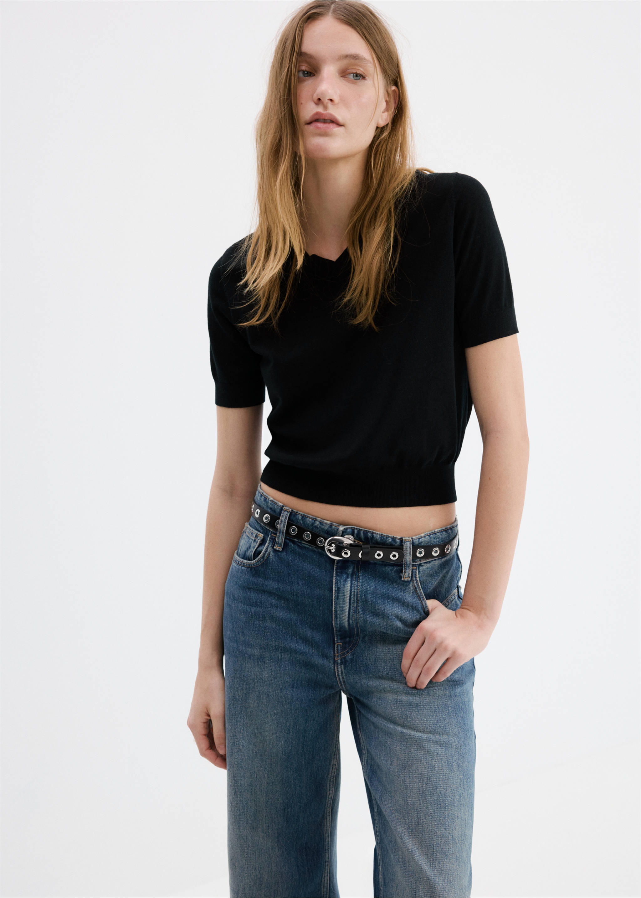 High-waisted wideleg jeans - Details of the article 1, Dark Blue. Ref: 27051343-00.