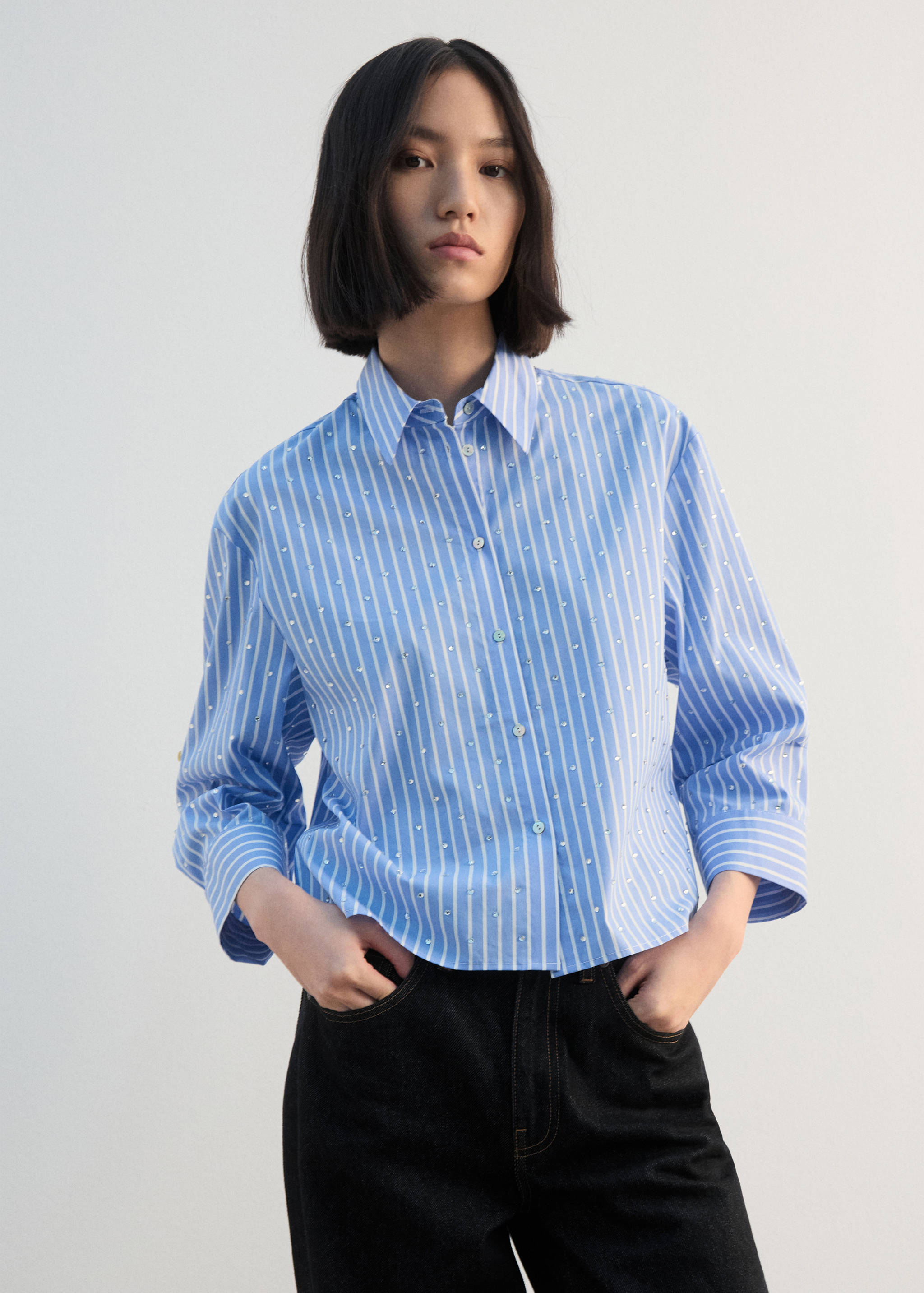 Striped crop blouse with rhinestones - Medium plane