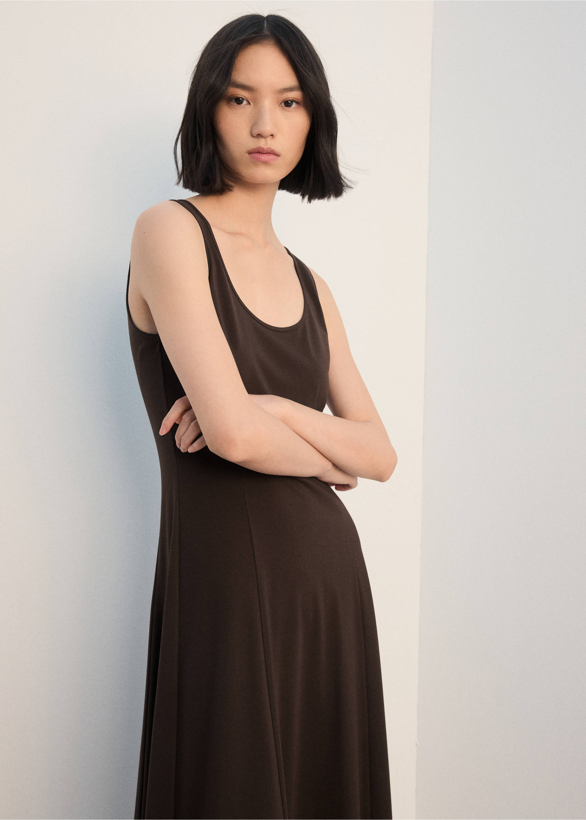Flared midi-dress - Medium plane, Brown. Ref: 27052542-00.