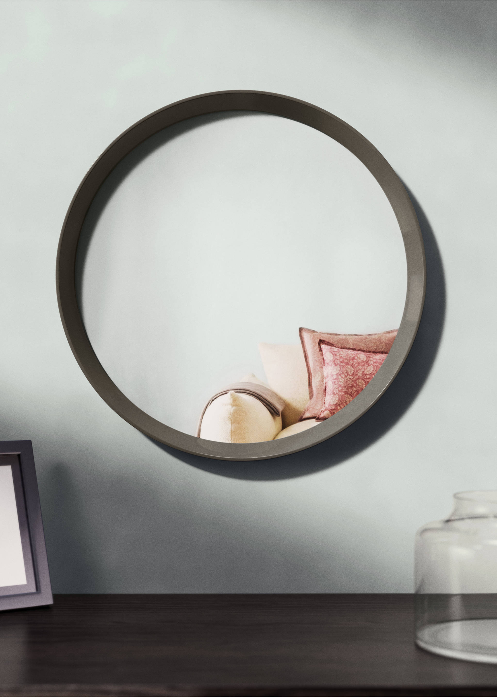 Large lacquered round mirror - General plane, Dark Grey. Ref: 27052899-00.