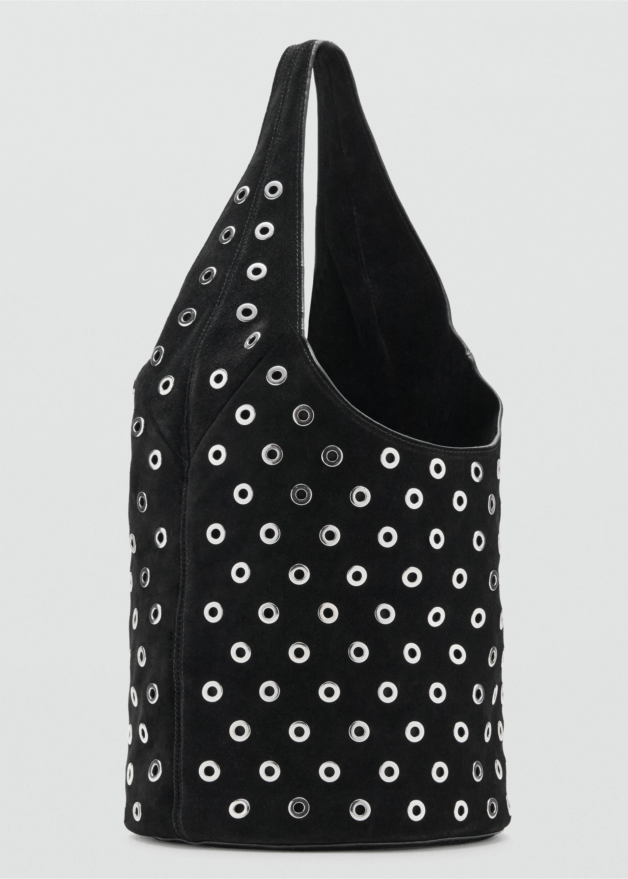Leather drawstring bag with eyelets - Medium plane, Black. Ref: 27053304-00.