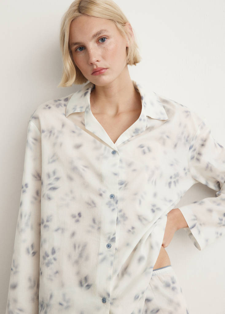 Floral-print cotton pyjama top — Ink Blue