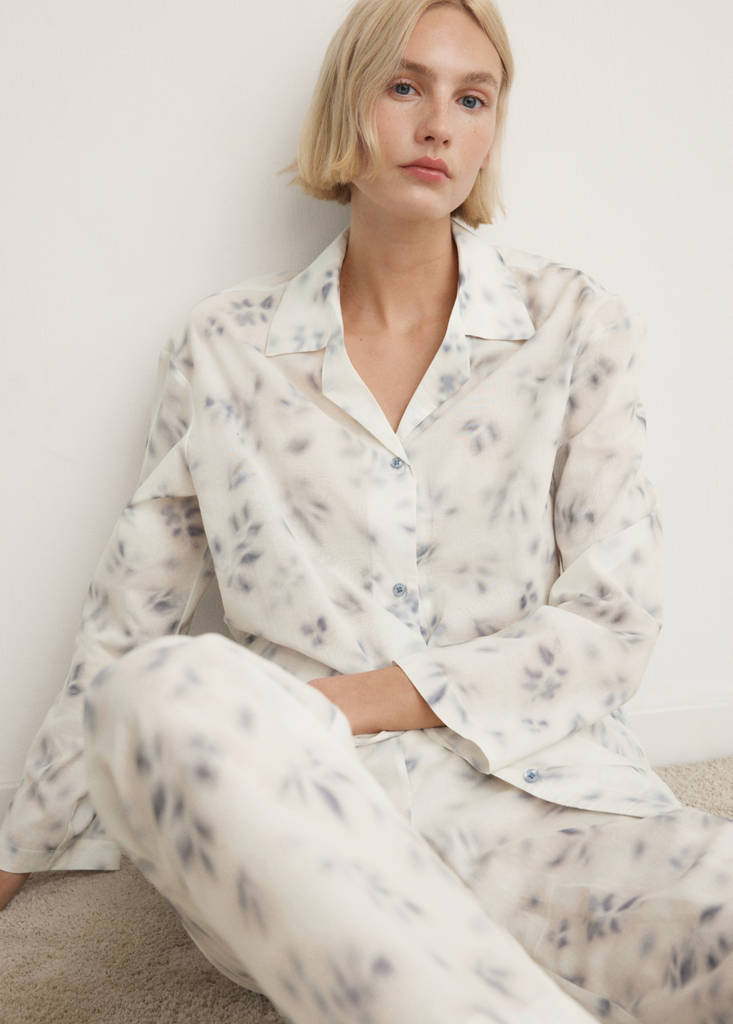 Floral-print cotton pyjama top — Ink Blue