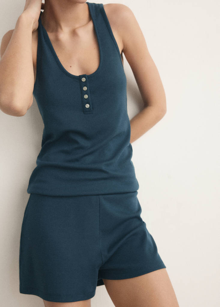 Sleeveless top with round neckline and button detail — Dark Navy