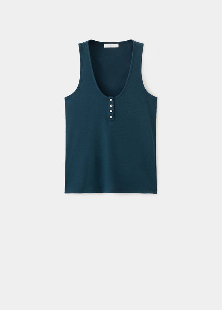 Sleeveless top with round neckline and button detail — Dark Navy
