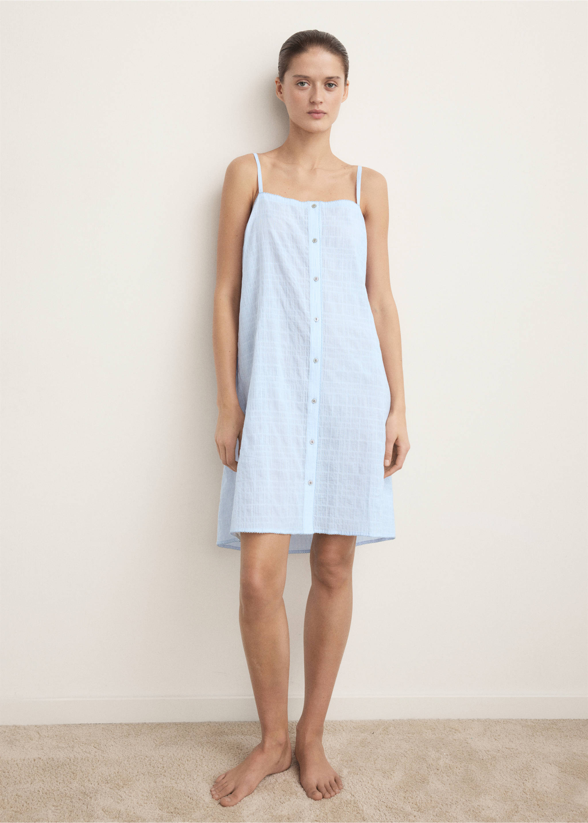 Chemise de nuit coton à bretelles - Plan général, Bleu. Ref: 27053327-00.