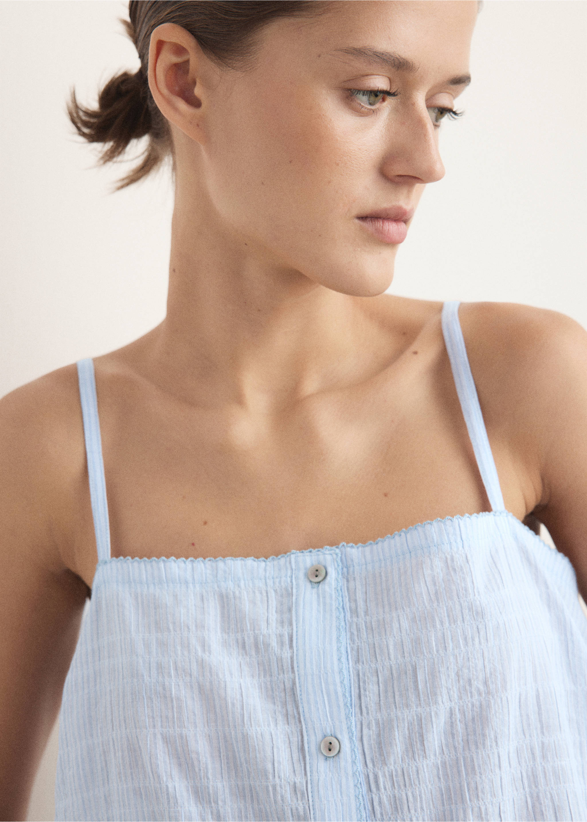 Chemise de nuit coton à bretelles - Plan moyen, Bleu. Ref: 27053327-00.