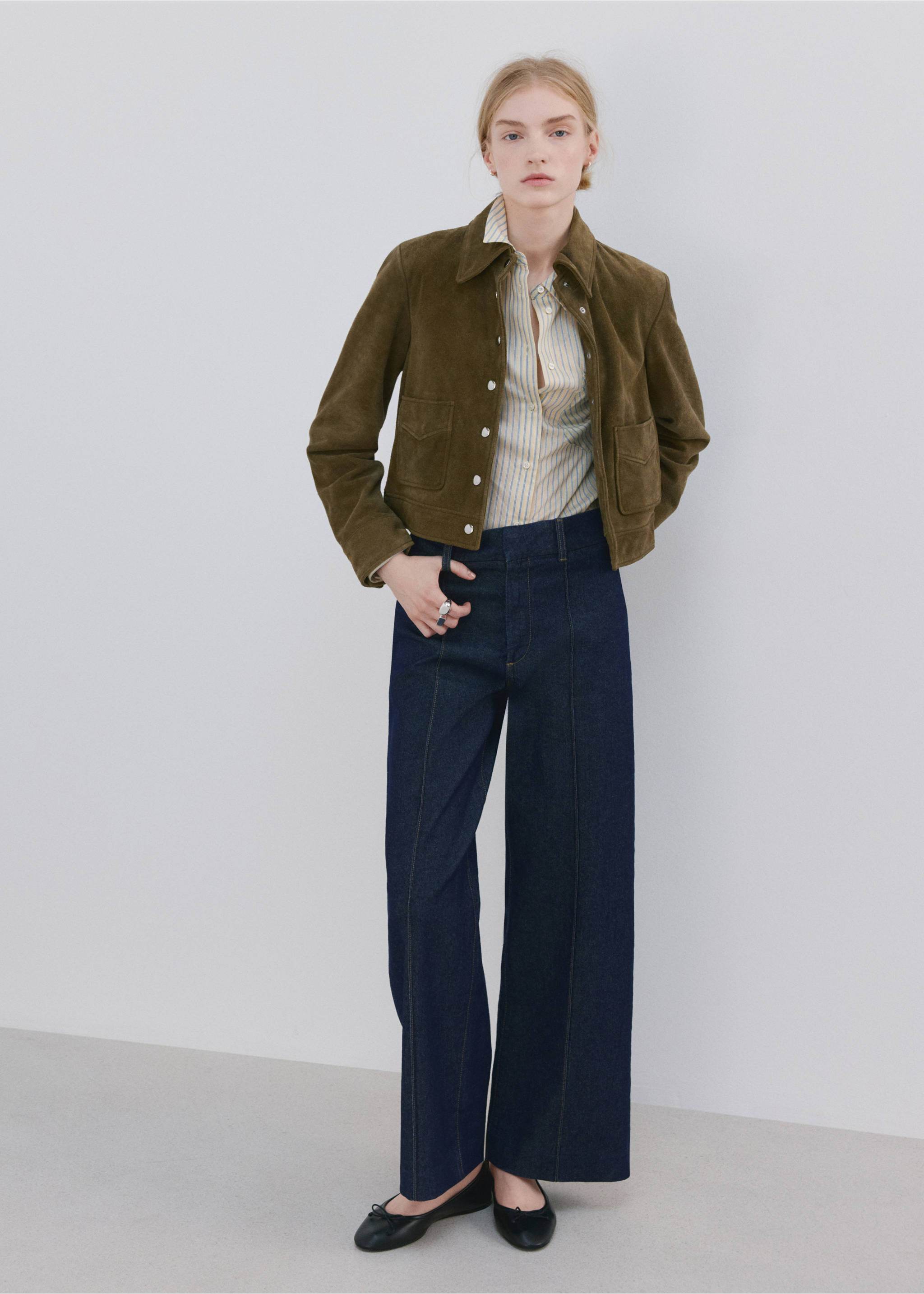 高腰宽腿车缝牛仔裤 - null, 蓝色. Ref: 27053338-00.