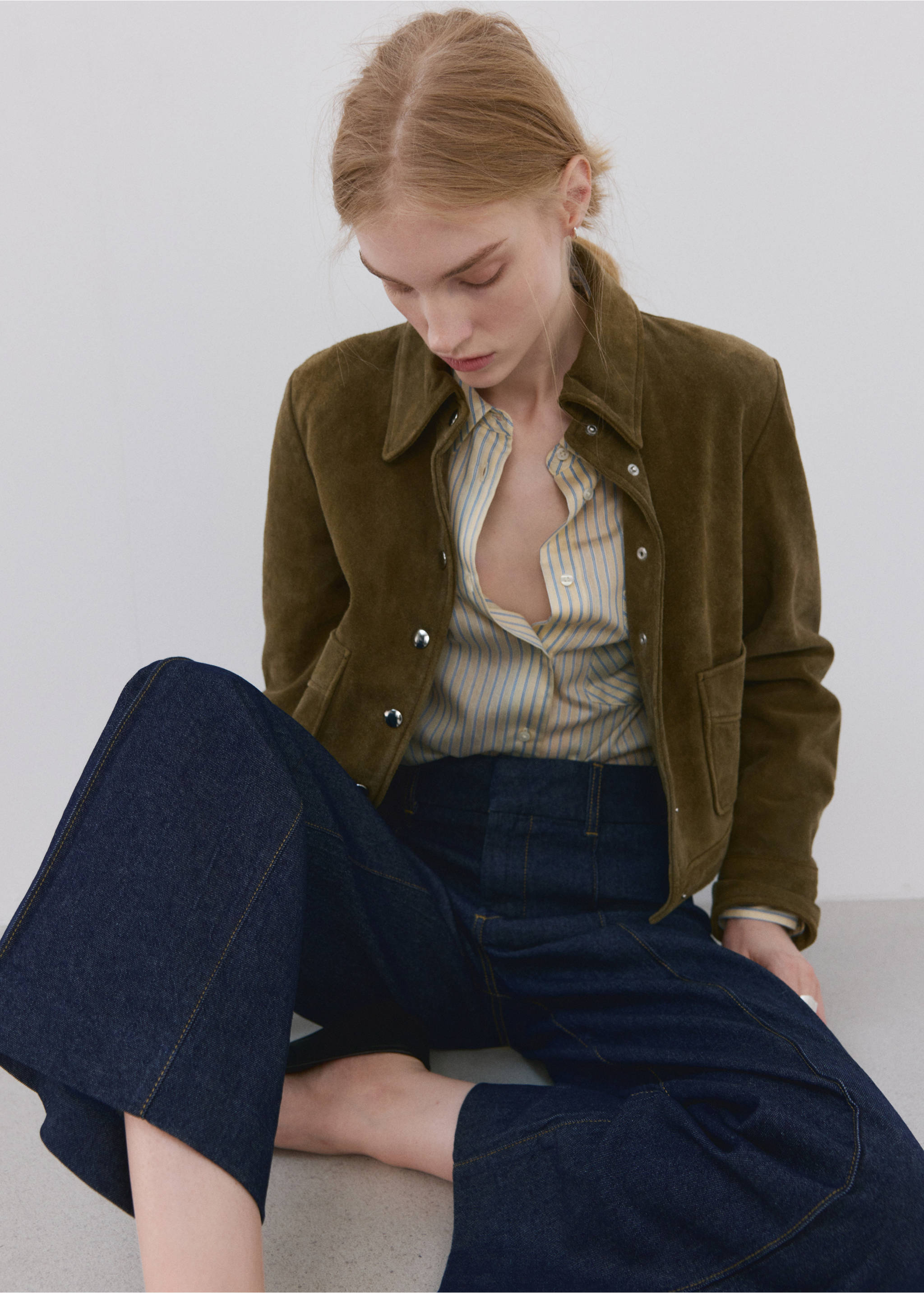 高腰宽腿车缝牛仔裤 - null, 蓝色. Ref: 27053338-00.