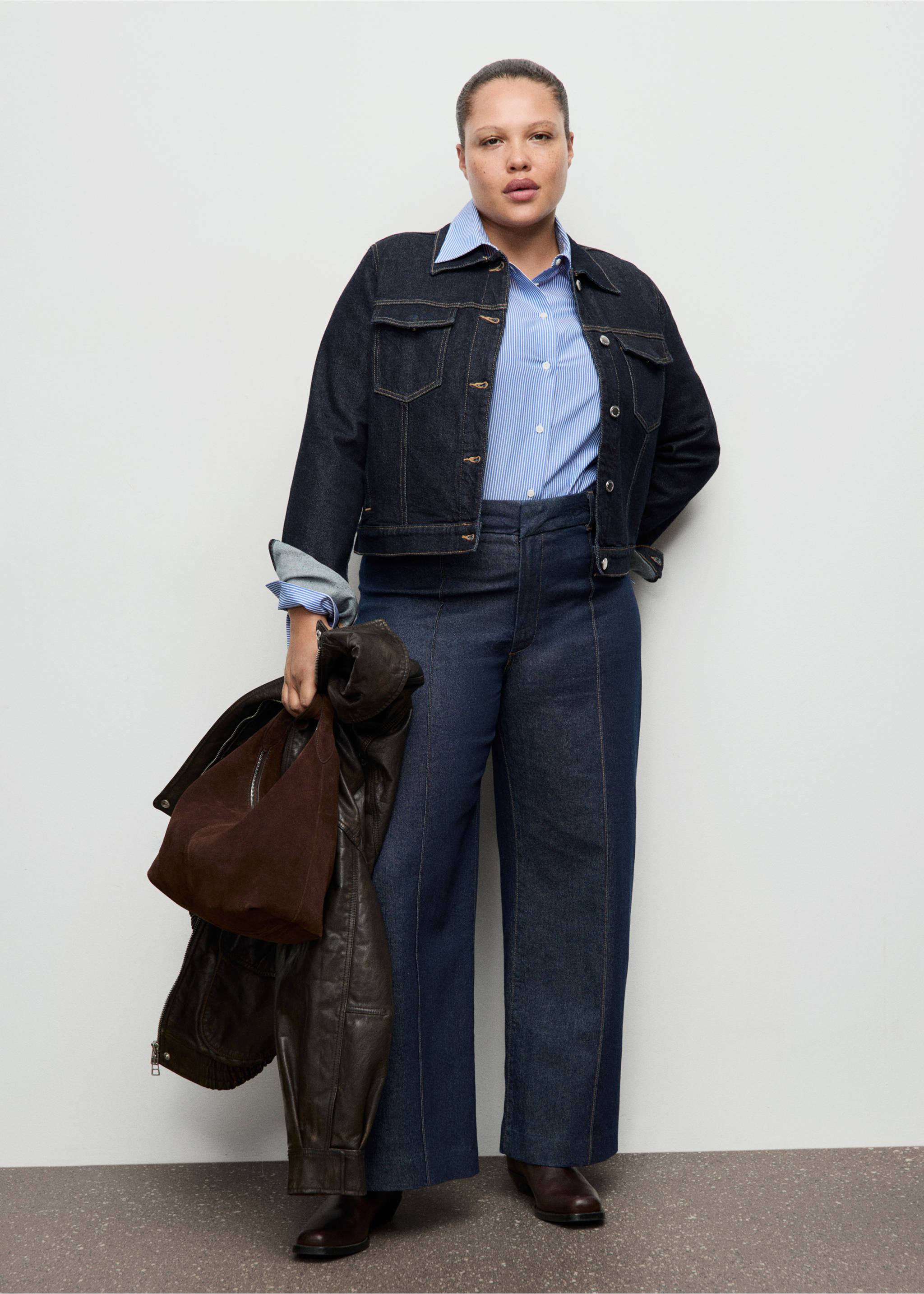 高腰宽腿车缝牛仔裤 - null, 蓝色. Ref: 27053338-00.