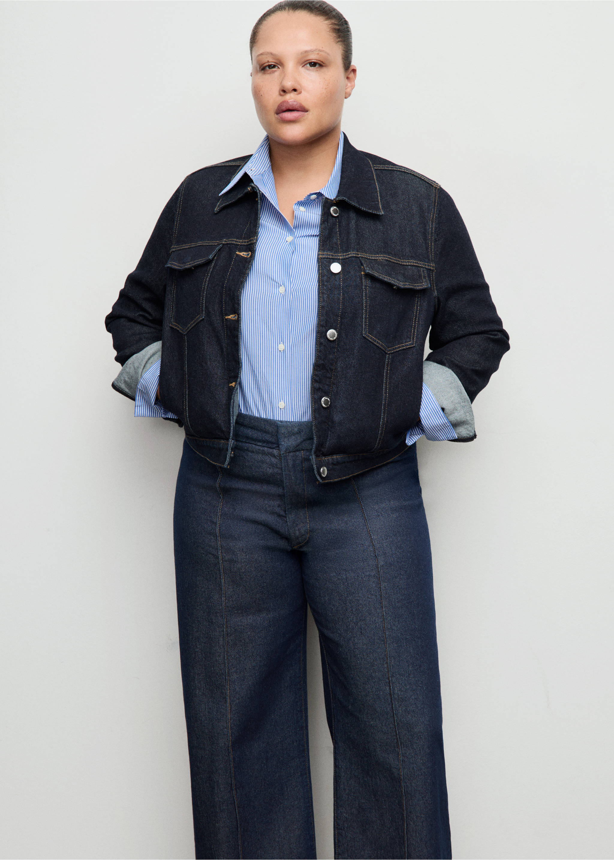 高腰宽腿车缝牛仔裤 - null, 蓝色. Ref: 27053338-00.