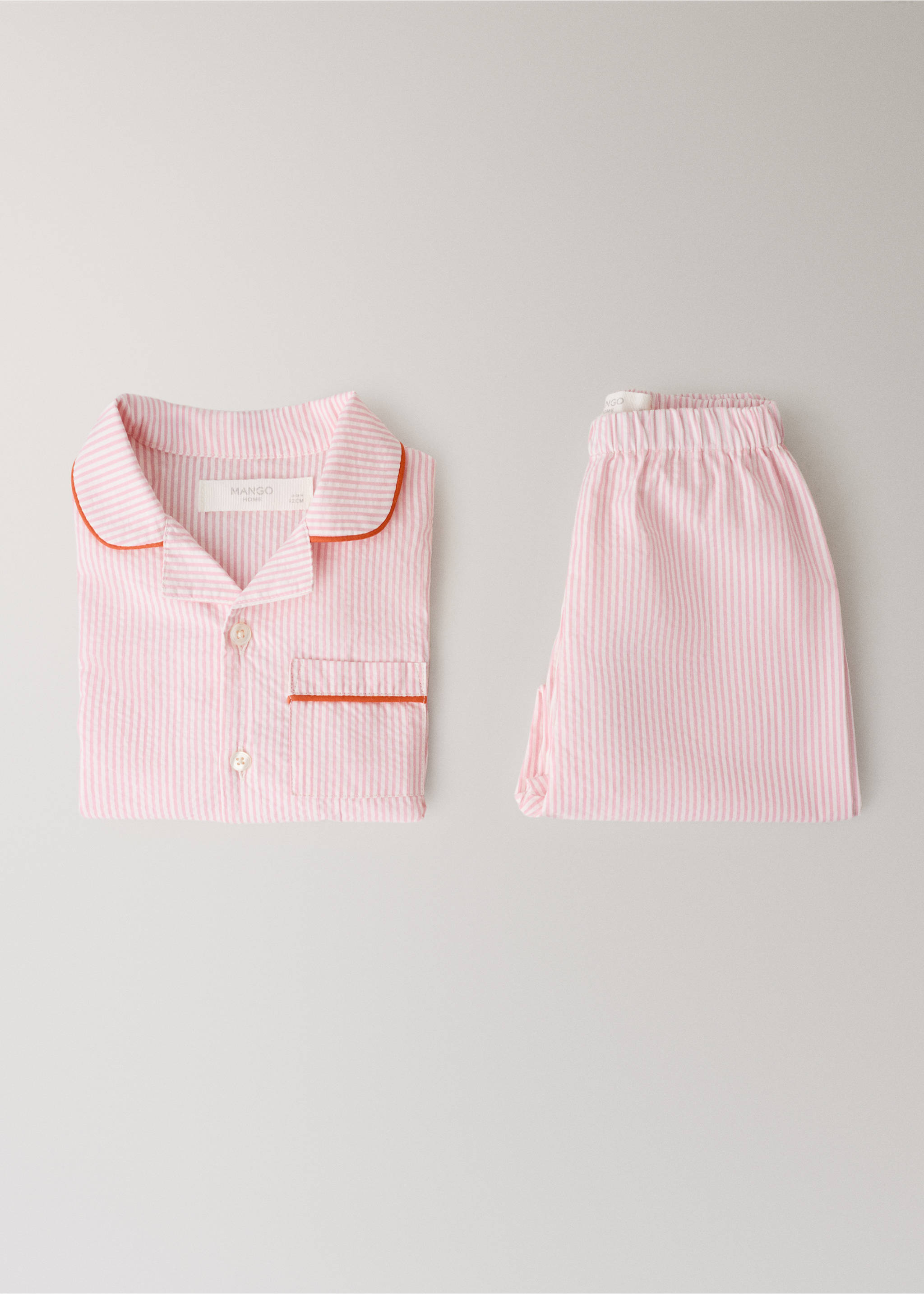 Two-piece striped seersucker cotton children’s pajamas - Details of the article 3, Pastel Pink. Ref: 27053739-00.