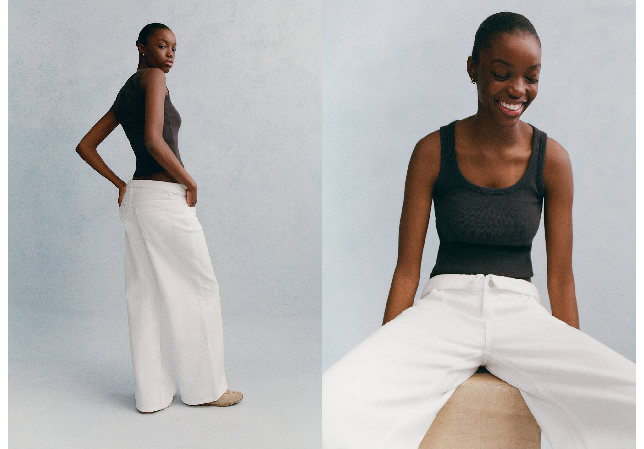 Calças de ganga cintura baixa dobra - Plano panorâmico