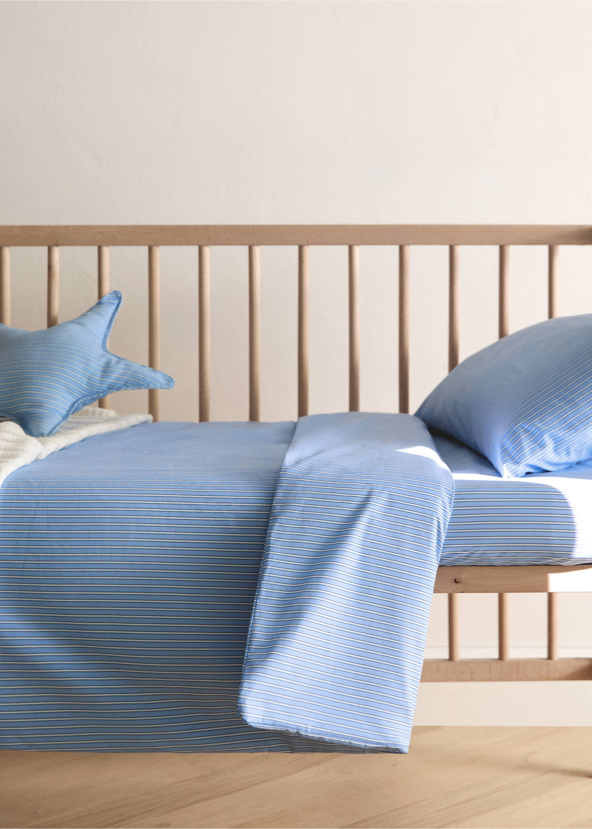 Cot duvet cover in shirting stripe percale - General plane, Blue. Ref: 27054061-00.
