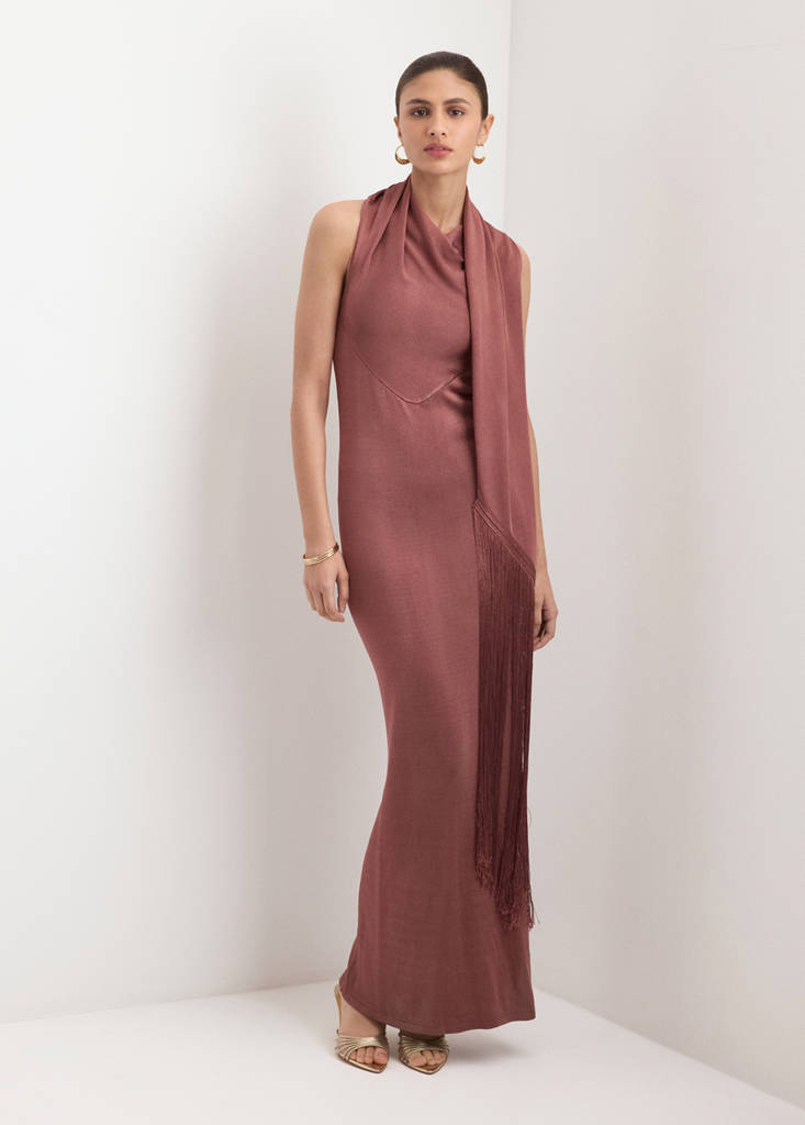 Satin knit foulard dress — Russet
