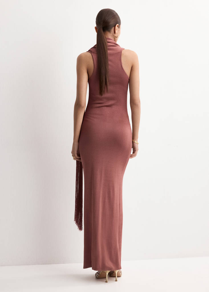 Satin knit foulard dress — Russet